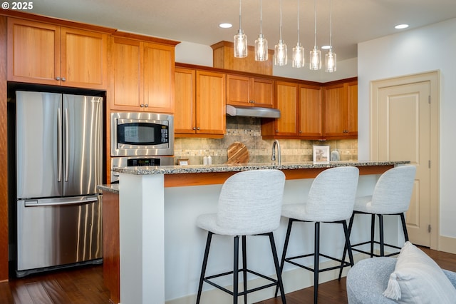 kitchen with backsplash, stainless steel appliances, recessed lighting, and dark wood-style floors