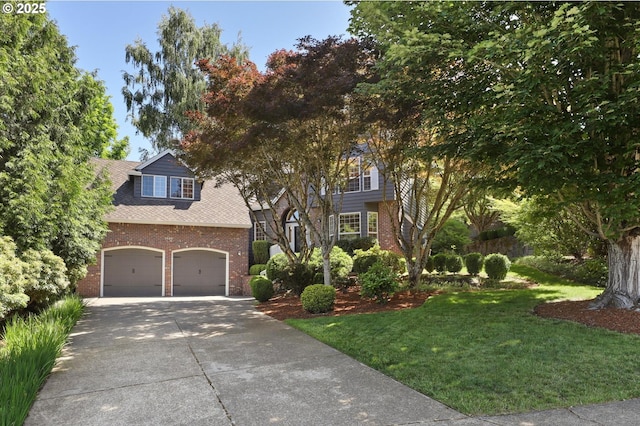 3840 NW Loy Ct, Portland, OR 97229 - view of front of property featuring brick siding, concrete driveway, a front lawn, and a garage