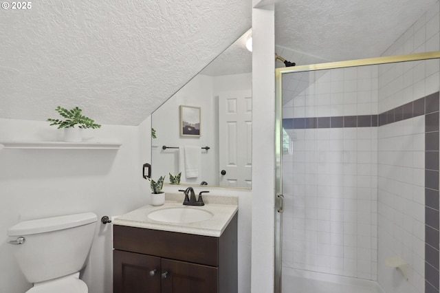 3840 NW Loy Ct, Portland, OR 97229 - full bathroom with a textured ceiling, vanity, and a stall shower