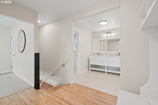 1331 NE Dallas St, Camas, WA 98607 - bathroom featuring double vanity, baseboards, marble finish flooring, recessed lighting, and toilet
