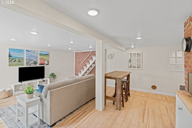 1331 NE Dallas St, Camas, WA 98607 - living area featuring stairway, light wood-type flooring, recessed lighting, and baseboards
