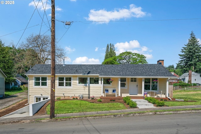 1331 NE Dallas St, Camas, WA 98607 - single story home with a porch, a front lawn, a chimney, and a shingled roof