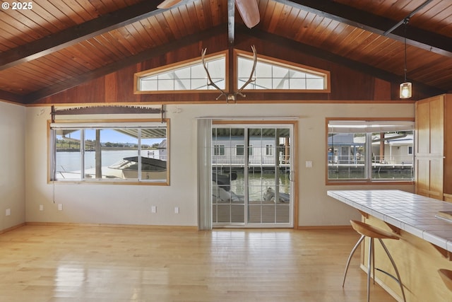 1879 N Jantzen Ave, Portland, OR 97217 - unfurnished living room featuring light wood-type flooring, wood ceiling, baseboards, a water view, and ceiling fan