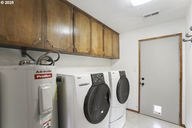1879 N Jantzen Ave, Portland, OR 97217 - laundry room featuring water heater, cabinet space, washing machine and dryer, and a textured ceiling