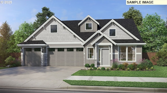 craftsman-style home featuring stone siding, fence, concrete driveway, and roof with shingles