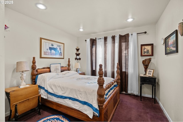 carpeted bedroom with baseboards and recessed lighting