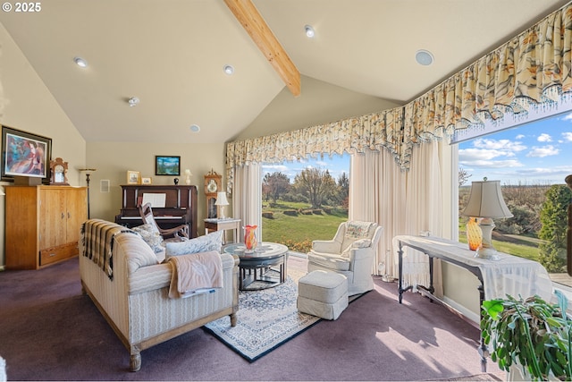 living room featuring high vaulted ceiling, beam ceiling, and carpet floors