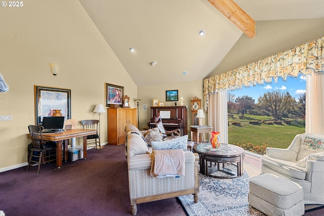 carpeted living area with high vaulted ceiling, baseboards, and beam ceiling