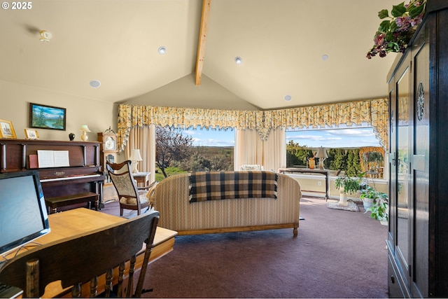 interior space with carpet and vaulted ceiling with beams