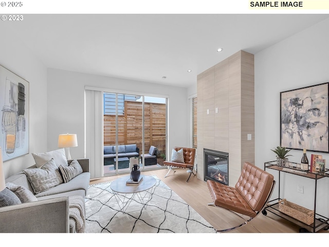 living room with a large fireplace and light wood-type flooring