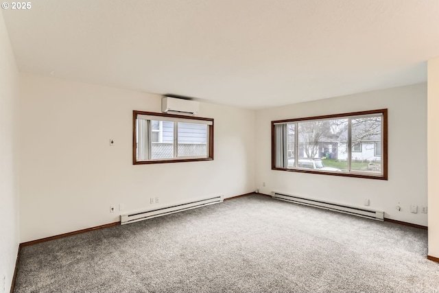 carpeted empty room with a wall mounted AC, baseboard heating, and a wealth of natural light