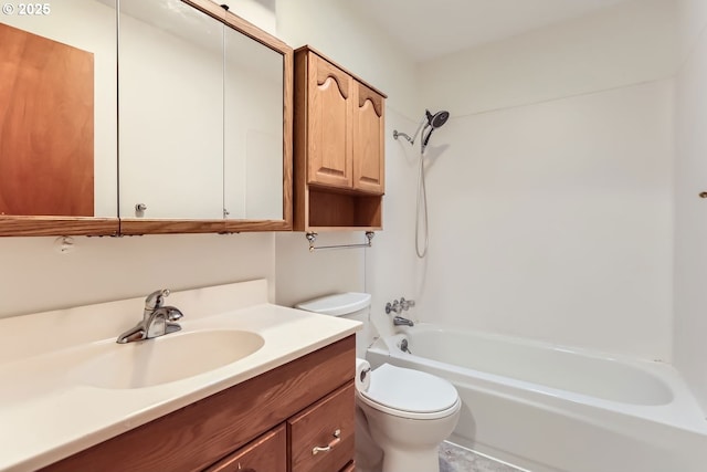 full bathroom featuring toilet, vanity, and  shower combination