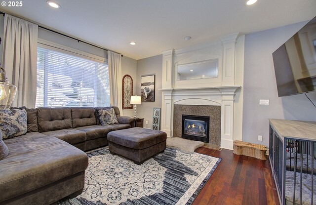 living area with dark wood-type flooring, a glass covered fireplace, and recessed lighting