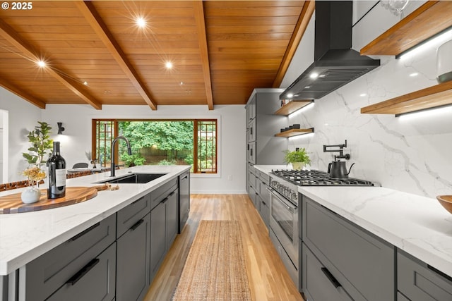 2390 Southshore Blvd, Lake Oswego, OR 97034 - kitchen with stainless steel appliances, range hood, gray cabinets, light wood-style floors, and backsplash