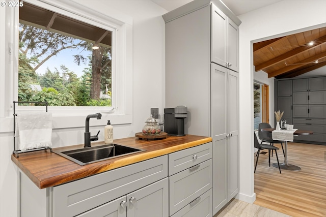 2390 Southshore Blvd, Lake Oswego, OR 97034 - kitchen with wood counters, wooden ceiling, and light wood-style flooring