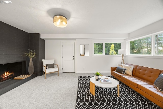 2390 Southshore Blvd, Lake Oswego, OR 97034 - living area featuring carpet flooring, a fireplace, and a textured ceiling