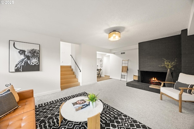 2390 Southshore Blvd, Lake Oswego, OR 97034 - carpeted living area featuring stairway and a brick fireplace