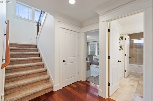 15475 SW Brighton Way, Beaverton, OR 97007 - stairway featuring wood finished floors, recessed lighting, and baseboards