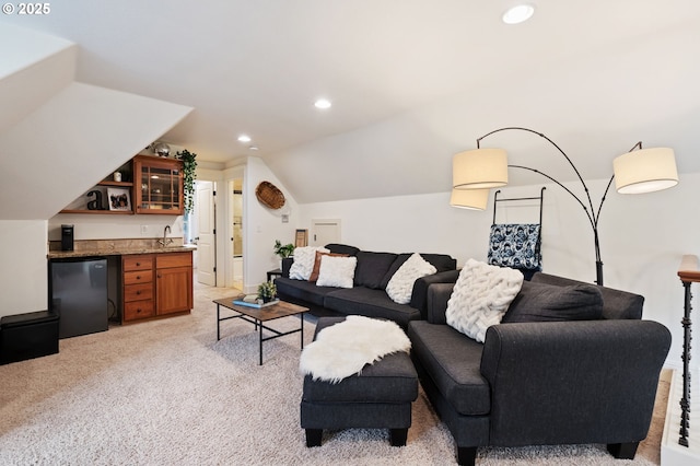 15475 SW Brighton Way, Beaverton, OR 97007 - living area featuring wet bar, light carpet, recessed lighting, and vaulted ceiling