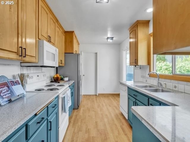 3185 14th Ave, Albany, OR 97322 - kitchen featuring white appliances, blue cabinetry, light wood-style floors, and backsplash