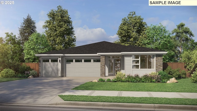 ranch-style house with a garage, stone siding, fence, and driveway