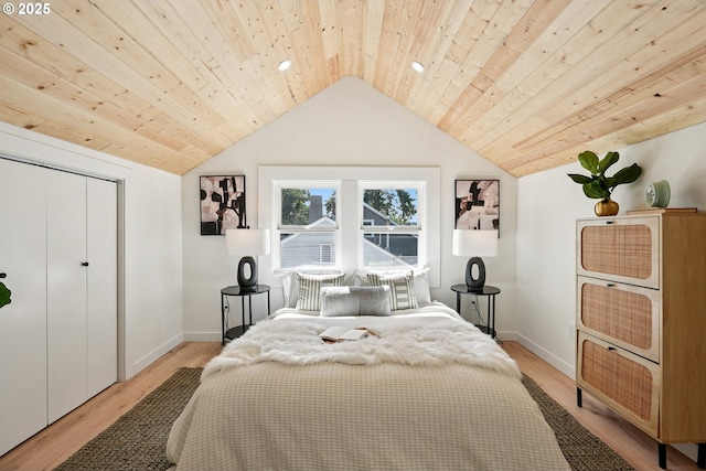 2615 N Gammans Pl, Portland, OR 97217 - bedroom featuring vaulted ceiling, wooden ceiling, light wood-style floors, recessed lighting, and a closet