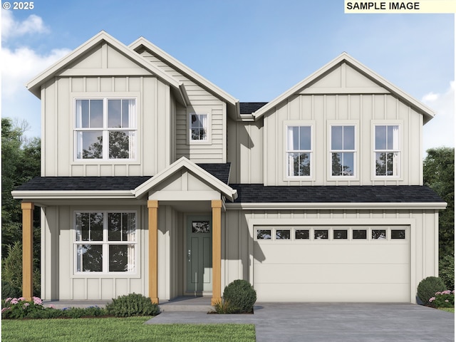 modern farmhouse with board and batten siding, concrete driveway, roof with shingles, and an attached garage