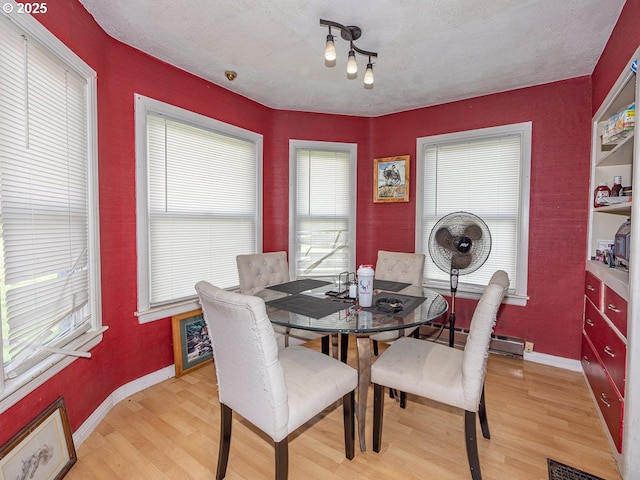 dining room with light wood-type flooring, baseboards, a baseboard radiator, and visible vents