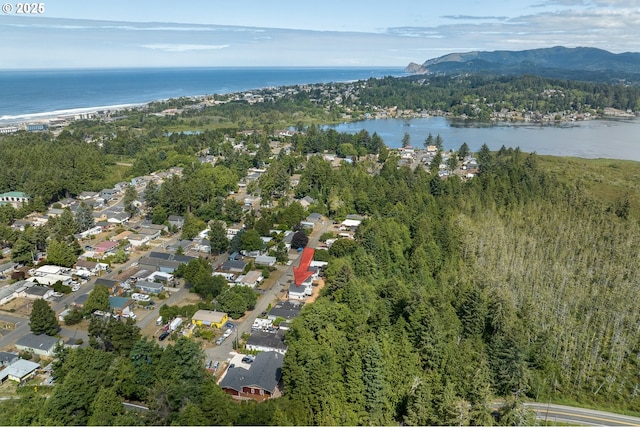 drone / aerial view featuring a water and mountain view