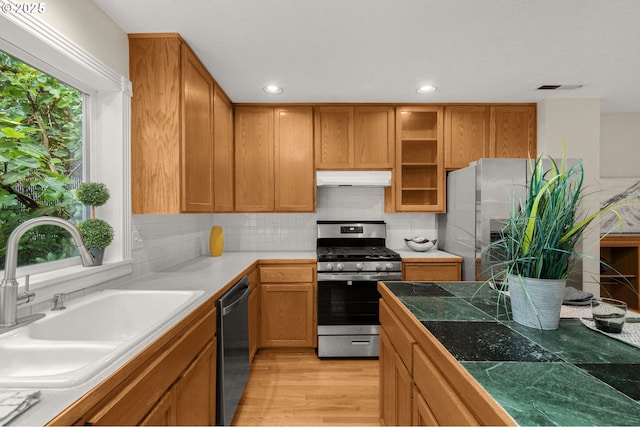 4113 SE Rural St, Portland, OR 97202 - kitchen featuring appliances with stainless steel finishes, under cabinet range hood, plenty of natural light, light wood-style flooring, and recessed lighting