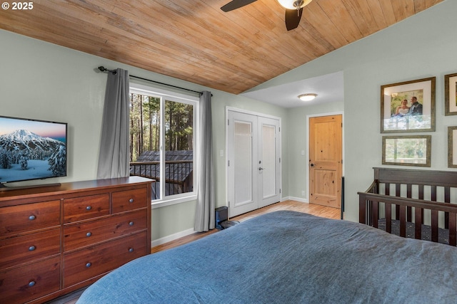 bedroom with lofted ceiling, baseboards, wood ceiling, wood finished floors, and ceiling fan