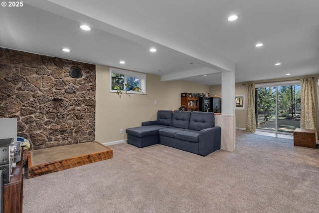 living room featuring carpet, recessed lighting, and baseboards