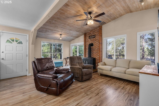 living room with a wood stove, healthy amount of natural light, light wood finished floors, wood ceiling, and ceiling fan