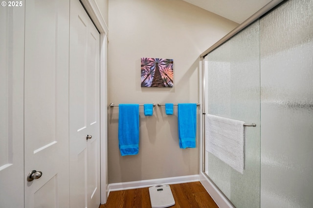 bathroom with walk in shower and hardwood / wood-style floors