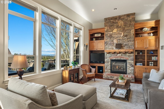 living room featuring wood finished floors and a fireplace