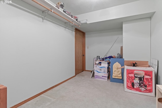 basement with baseboards and carpet flooring