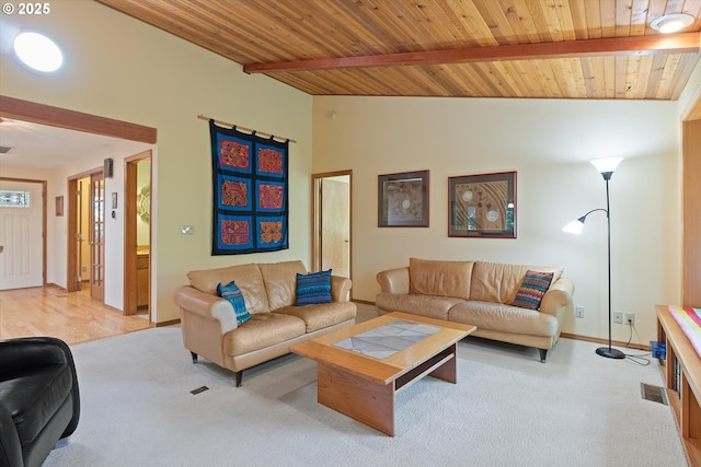 living area featuring vaulted ceiling with beams, wooden ceiling, baseboards, and light colored carpet