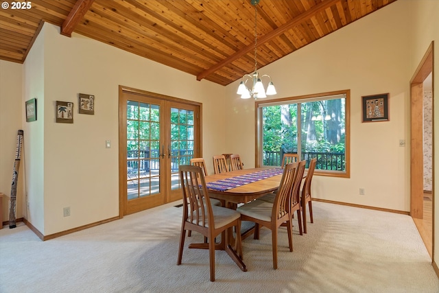 dining room featuring plenty of natural light, french doors, wooden ceiling, and beamed ceiling