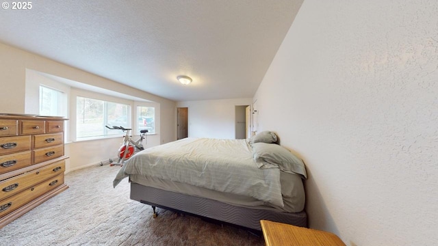 carpeted bedroom with a textured ceiling and a textured wall