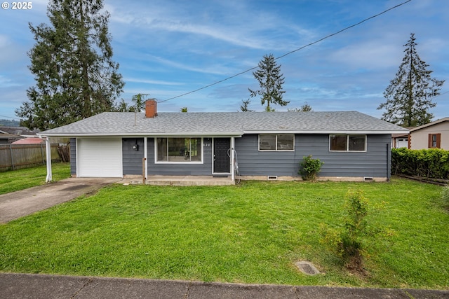 ranch-style house with concrete driveway, a front lawn, fence, and a chimney