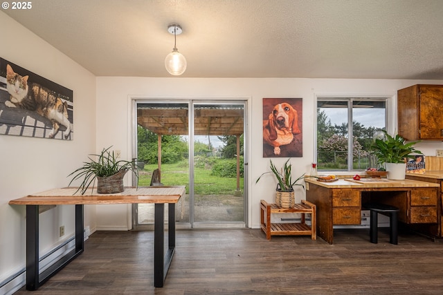 entryway featuring a baseboard heating unit, dark wood-style floors, and a textured ceiling