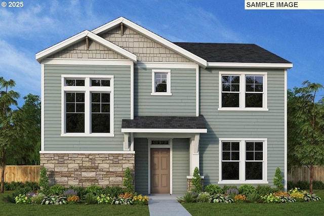 craftsman house with stone siding, a shingled roof, and fence