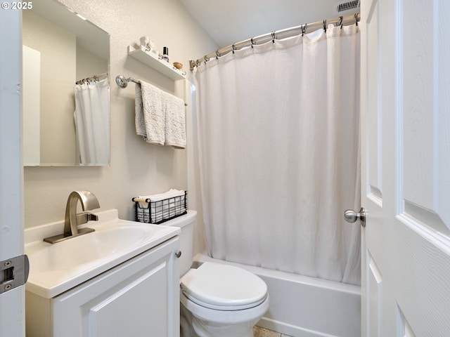 full bathroom with toilet, shower / tub combo, and vanity