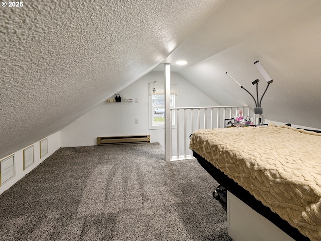 unfurnished bedroom featuring a baseboard radiator, a textured ceiling, lofted ceiling, and dark colored carpet