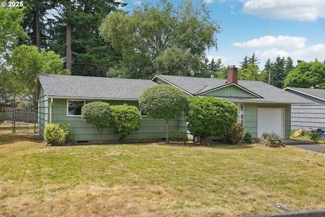 3259 SE 176th Pl, Portland, OR 97236 - ranch-style home featuring roof with shingles, a garage, asphalt driveway, crawl space, and a chimney