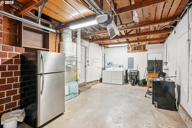 3259 SE 176th Pl, Portland, OR 97236 - below grade area with freestanding refrigerator, electric panel, and separate washer and dryer