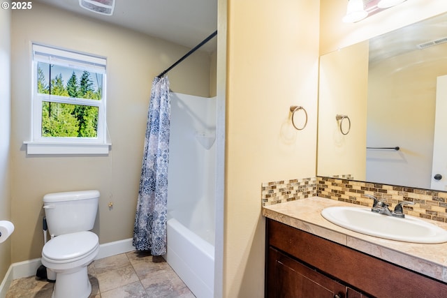 full bathroom with shower / bath combination with curtain, vanity, toilet, and backsplash