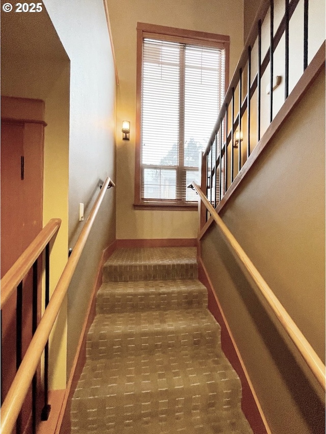 staircase featuring carpet and a healthy amount of sunlight