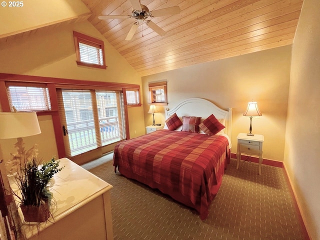 bedroom with ceiling fan, wooden ceiling, lofted ceiling, and dark carpet