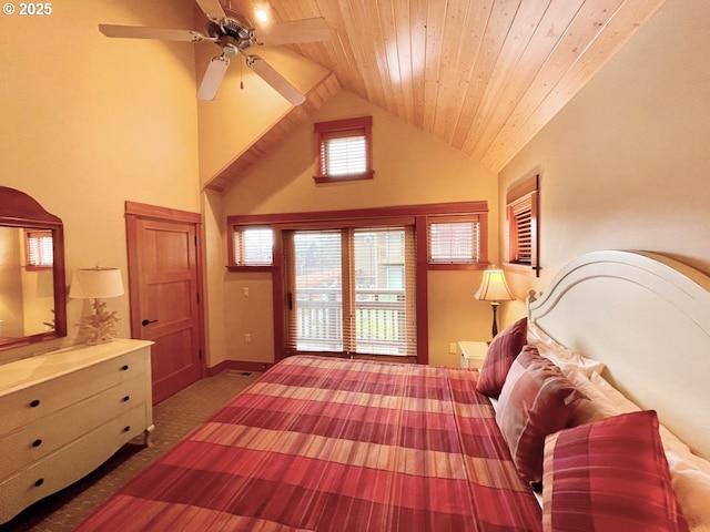 bedroom featuring carpet floors, vaulted ceiling, ceiling fan, and wooden ceiling